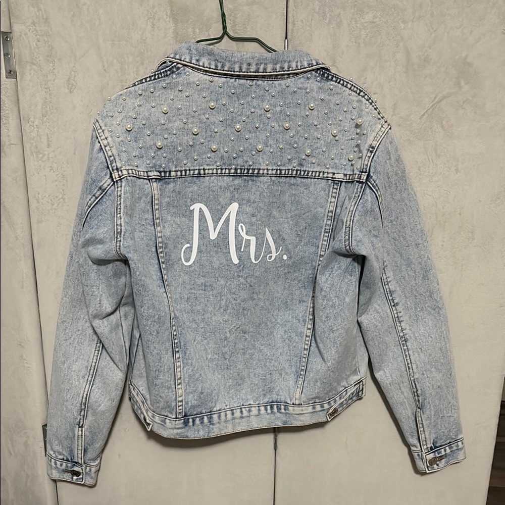 Size Med Denim Jacket with Pearl Accents for Bride